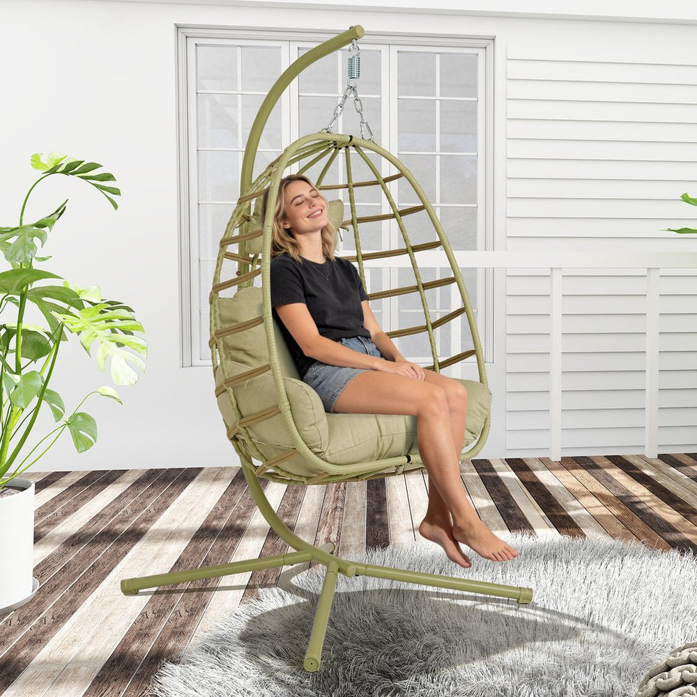 English Elm Egg Hanging Chair with Stand Pe Rattan Swing Seat Washable Cushion Patio Bedroom T5880P497435