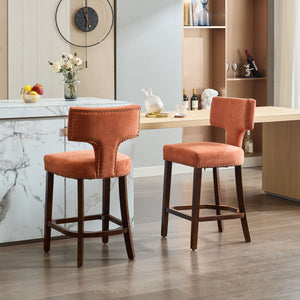 English Elm Mid Curved Backrest Bar Stools Set of 2 with Copper Nail Trim, High-Density Foam & Walnut Legs Orange W1143P296349