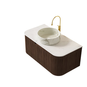 English Elm Dina Floating Bathroom Vanity Sintered Stone Top Glass Basin Striped Plywood Cabinet Walnut,White W2615S00415