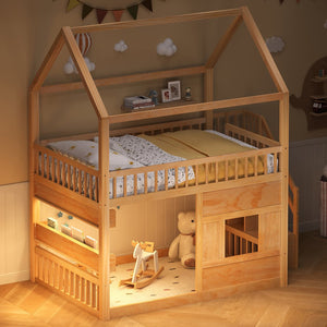 English Elm Full Size Solid Wood House Bed with Led Shelf Lighting for Kids Bedroom Natural N7500005026N
