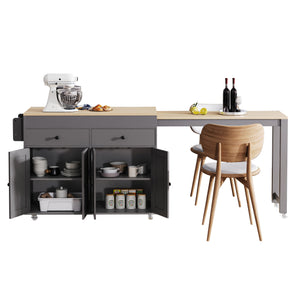 English Elm K&K 74.5" Kitchen Island with 27" Extendable Dining Table, 4 Doors, 2 Drawers, Spice Rack, Wheels Grey N707P333291G