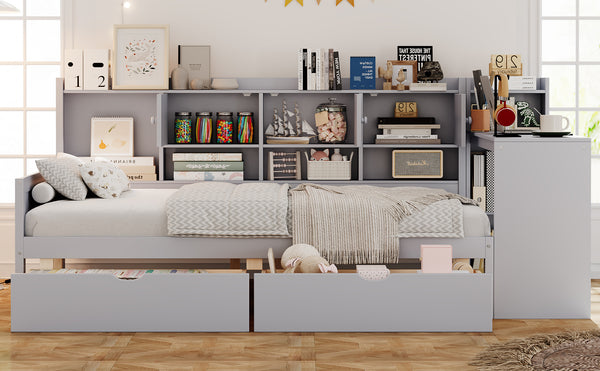 English Elm Full Full Size Daybed with Storage: L-Shape Wooden Frame, 3 Cabinets 2 Drawers, Desk & Bookshelf Gray N733S247077E