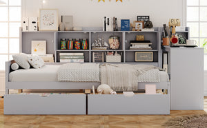 English Elm Full Size L-shaped Daybed with Built-in Desk Bookshelf and Storage for Small Spaces N733S351674E