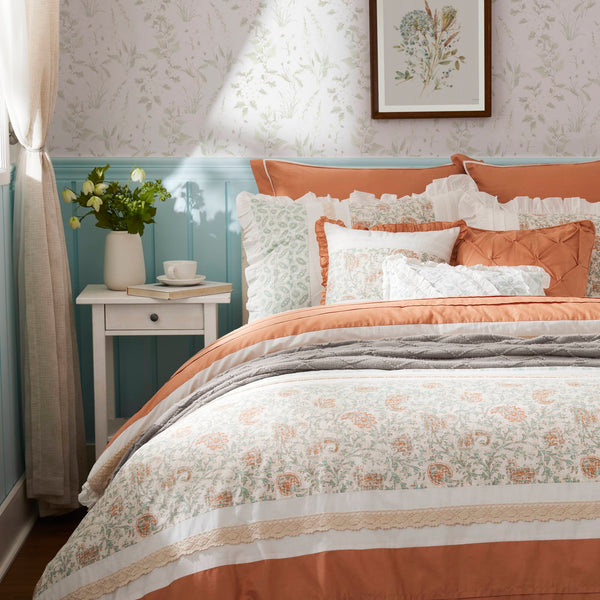 English Elm 9 Piece Cotton Percale Comforter Set - Charming Coral Queen Bedding With Shabby Chic Design & Pillows B03596894