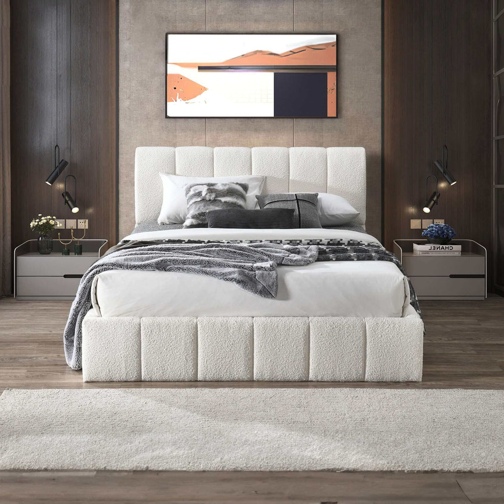 English Elm Ashcroft Furniture - Hilar Elegant White Boucle Platform Bed With Storage – Modern Style, Adjustable Headboard & Comfort B183S00050
