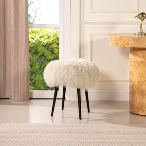 English Elm Alberta Genuine Mongolian Sheepskin Round Ottoman Plush Fur Accent for Any Room B2719P238442