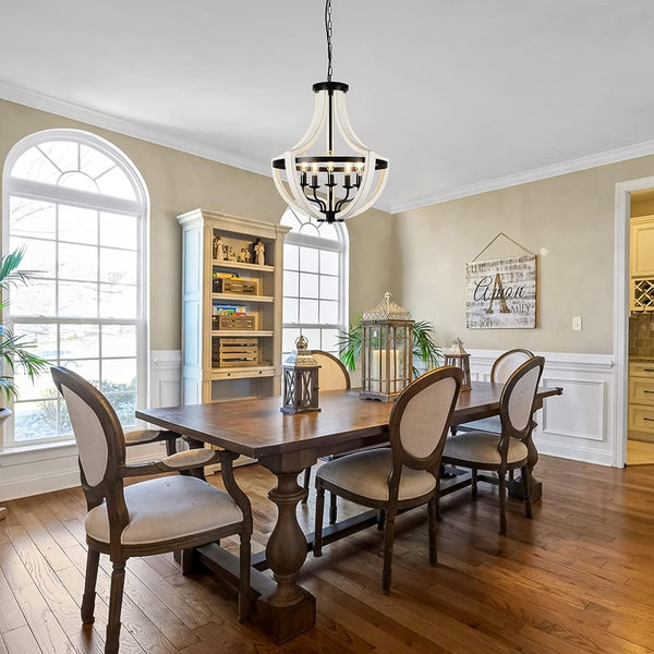 English Elm Modern White Solid Wood Chandeliers — 5-Light Farmhouse Pendant or Flush Mount, Dimmable E12 Bulbs, Rustic Elegance W2738P242328