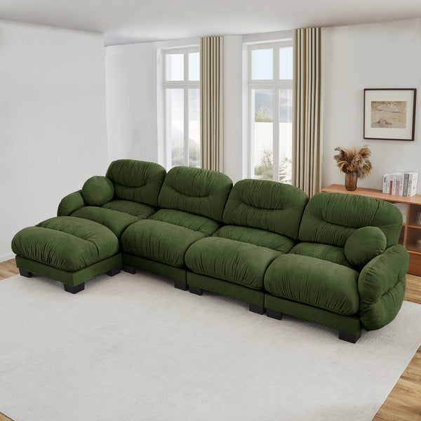 English Elm Pleated Chenille Sectional Sofa with Ottoman Ergonomic Foam Curved Armrests Living Room Green W5656S00053