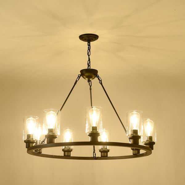 English Elm 9-light Matte Black Wagon Wheel Chandelier Seeded Glass Farmhouse Dining Room W5008P390906
