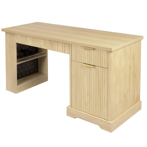 English Elm 55" Fluted White Computer Desk with Power Outlet Pegboard Cabinet and Keyboard Tray W2917P396017