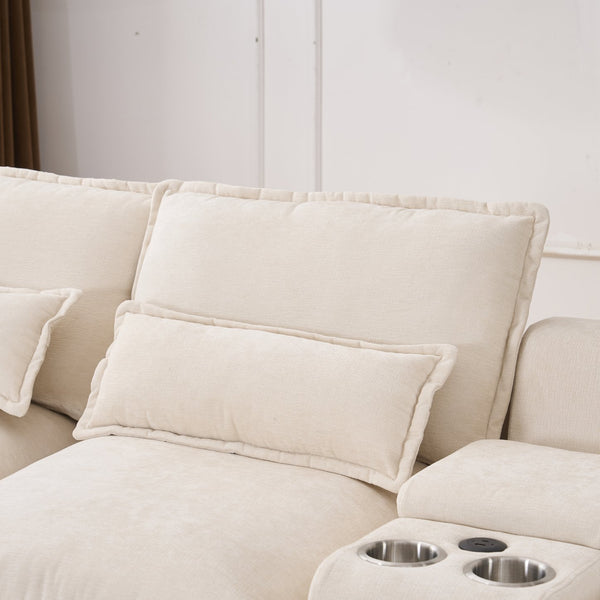 English Elm Modern U-shaped sofa with console, cupholders & USB ports — 6-seat sleeper with double chaise, chenille comfort W3401S00001