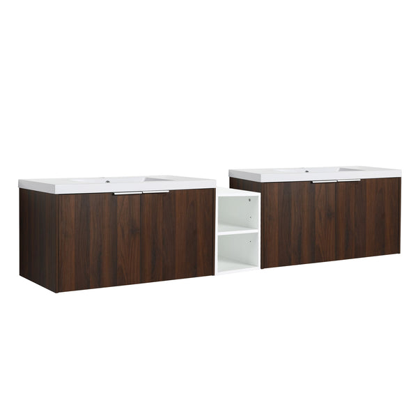 English Elm 84 Inch Wall Mounted Vanity with Dual Resin Sinks, Soft Close Doors, Metal Handles, Ample Storage Space California Walnut W999S00191