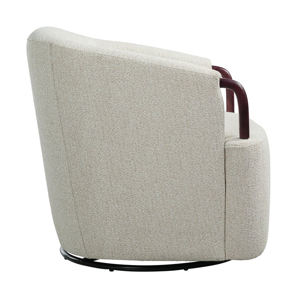 English Elm 30" Boucle Swivel Barrel Chair Wood Accents Sculptural Accent Seating for Any Room N767P422966B