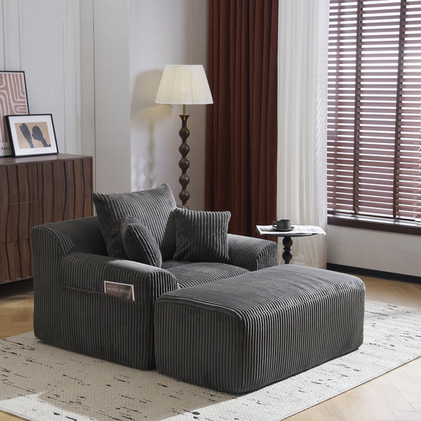 English Elm Oversized corduroy chaise lounge with ottoman, plush boneless sofa, ergonomic pillows for relaxing comfort Grey W1901P278403