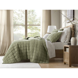 English Elm 3-piece French Linen Quilt Set King Garment Washed Box Stitch Breathable Bedding Olive Green B035P408302