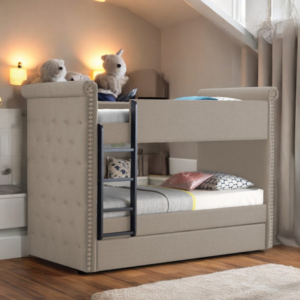 English Elm Romana Upholstered Twin Bunk Bed with Trundle Tufted Nailhead Trim Kids Guest Room B2726S00577