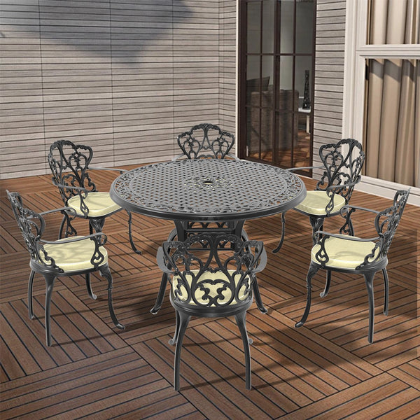 English Elm (Cushions Cushions 7-Piece Cast Aluminum Patio Set With Colorful Cushions, Ergonomic Chairs & Round Table W1710S00396