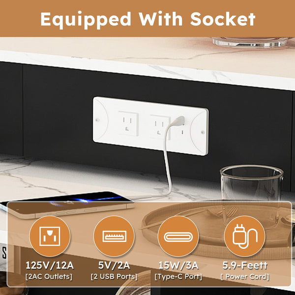 English Elm Kitchen Island Marble Veneer Retro Style Rotating Expandable Top Built-in Outlets Mdf Black W2700S00119