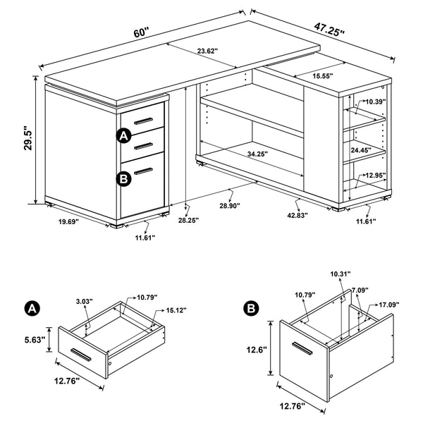 English Elm 1pc L-Shape Desk 60" Home Office Workstation with Three Drawers, Built-In File Cabinet, Shelves Driftwood,Grey 64.76 L x 26.97 W x 10.43 H B011P361979