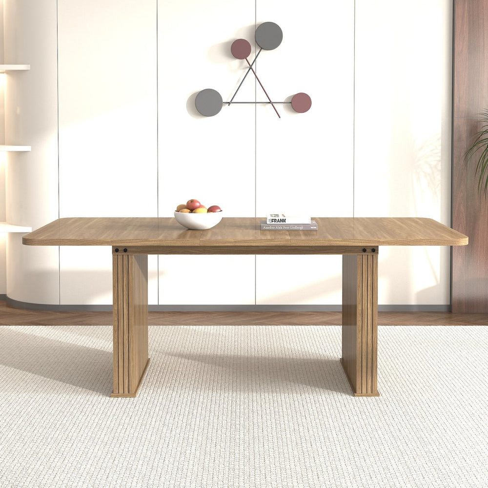 English Elm Modern Beige Brown Dining Table for 6-10 with Double Pedestal, Vertical Stripe MDF Top, Sturdy Design W1347S00012