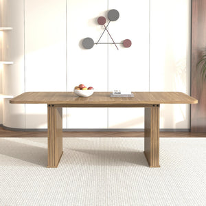 English Elm Modern Beige Brown Dining Table for 6-10 with Double Pedestal, Vertical Stripe MDF Top, Sturdy Design W1347S00012