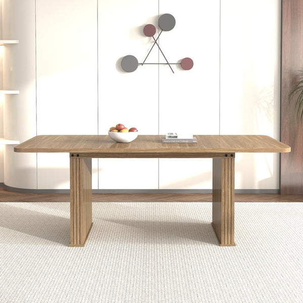 English Elm Modern Beige Brown Dining Table for 6-10 with Double Pedestal, Vertical Stripe MDF Top, Sturdy Design W1347S00012