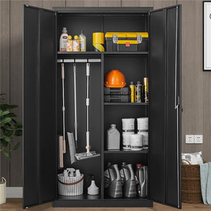 English Elm Black Steel Lockable Wardrobe with Hanging Rod Adjustable Shelves for Organized Storage Black W1247P372607