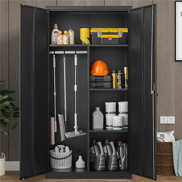 English Elm Black Steel Lockable Wardrobe with Hanging Rod Adjustable Shelves for Organized Storage Black W1247P372607