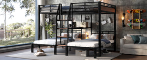 English Elm Twin Triple Bunk Bed Black Metal Frame with Built-in Storage Stairs and Shelves W1580S00620