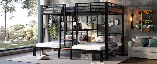 English Elm Twin Triple Bunk Bed Black Metal Frame with Built-in Storage Stairs and Shelves W1580S00620