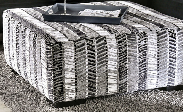 English Elm Transitional Square Upholstery Ottoman With Abstract Stripe Fabric & Multi-Finish Block Legs B2741P355844-GIGA