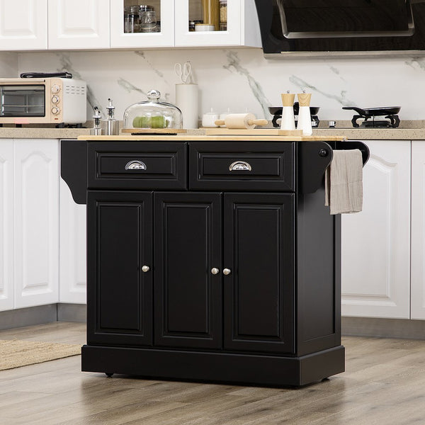 English Elm HOMCOM Mobile Kitchen Island with Drop Leaf Breakfast Bar, Rubberwood Top, Locking Casters & Storage Black W2225P217408