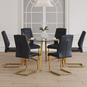 English Elm Table Set - Modern Minimalist Round Clear Glass Table With Black Pu Leather Chairs & Gold Legs W1151S01714-GIGA