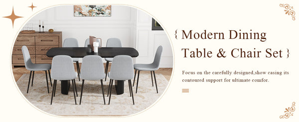 English Elm Table And Chair Set - Elegant Black Wood-Grain Mdf Dining Table With 8 Light-Gray Linen Chairs W1151S04159-GIGA