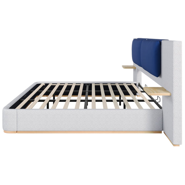 English Elm Christopher Knight Home® - King PU Leather Bed Frame with Wingback Headboard & Footboard, Gold Accents, Platform Slat Support, Elegant Design Blue+Grey 76.4 L x 12.75 W x 8.75 H N761S0000024E