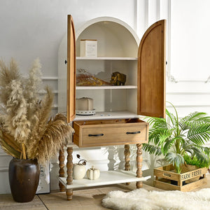 English Elm 31.50" Floral Carved Wood Accent Cabinet with Arched Doors Drawer and Shelf W3933P379106