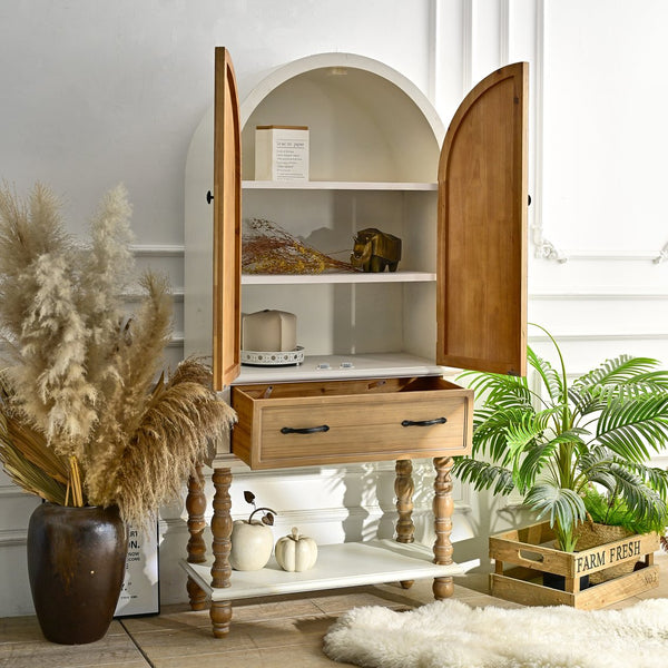 English Elm 31.50" Floral Carved Wood Accent Cabinet with Arched Doors Drawer and Shelf W3933P379106