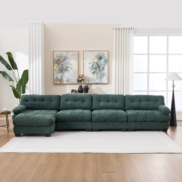English Elm Modular Cloud Sofa Deep Seat Flannelette Sectional with Round Armrests for Living Room Green W2120S00047