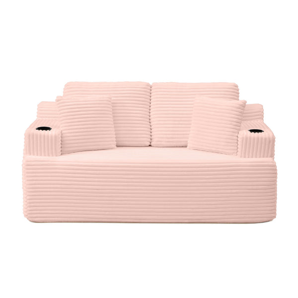 English Elm Boneless Floor Sofa Corduroy Upholstered 5 Seat Low Profile with Cup Holders for Living Room Pink W1117S00431
