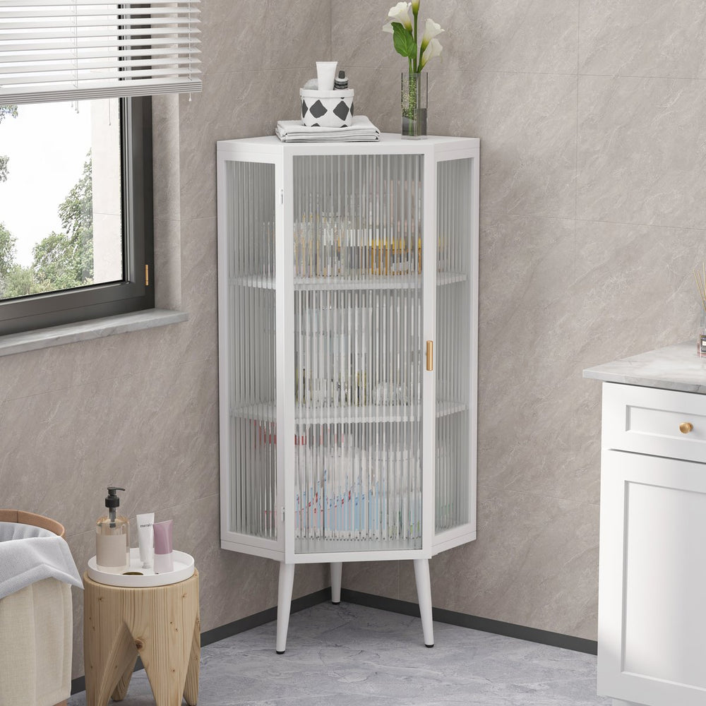 English Elm 22.25'' Floor Corner Cabinet with Tempered Glass Doors, Three-Tier Metal Frame Storage for Home White W757P180793