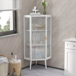 English Elm 22.25'' Floor Corner Cabinet with Tempered Glass Doors, Three-Tier Metal Frame Storage for Home White W757P180793