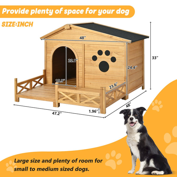English Elm 48" Pine Wood Outdoor Dog House with Porch Asphalt Roof and Raised Floor for Medium Breeds FG201608AAA