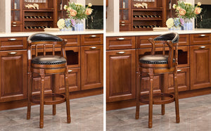 English Elm Seat 29.5" Cow-Top Leather Bar Stool With 360° Swivel, Contoured Back & Durable Wood Frame, Black W2195P331494-GIGA