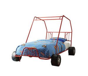 English Elm Red Go Kart Bed Twin Metal Frame in Go Kart Red — 18" Footboard, 8 Slats Support, 8" Clearance, Durable Fun décor (Twin) B062S00514
