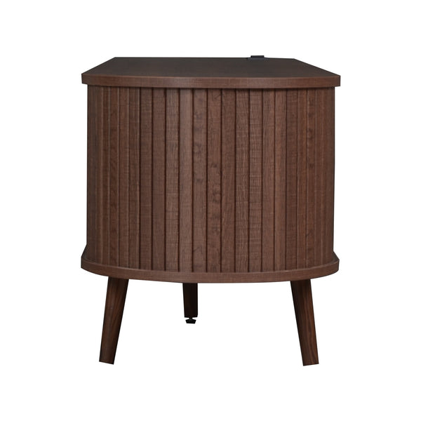 English Elm 70 Mid Century TV Stand with Rattan-Front Drawers, Tambour Doors, Built-In Outlets & Solid Wood Legs Dark Brown N710P339446P