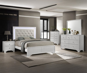 English Elm 1pc Luxurious Tufted Panel Bed with Embossed Crocodile Pattern and Integrated LED Backlit Headboard, Queen Oat,White 59.76 L x 36.3 W x 4.76 H B011S01954