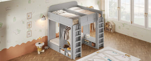 English Elm Triple Bunk Bed Wood Frame with Built in Shelves Hooks for Shared Kids Rooms Gray N7090004027E