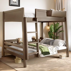 English Elm Full Pine Bunk Bed with Integrated Bookshelves Guardrails and Detachable Frame Brown W5316S00012
