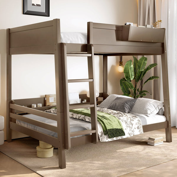 English Elm Full Pine Bunk Bed with Integrated Bookshelves Guardrails and Detachable Frame Brown W5316S00012