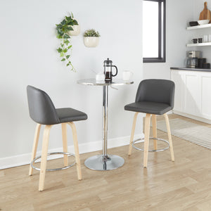 English Elm Fixed-height Swivel Counterstools Natural Wood Grey Faux Leather Chrome Footrest Pair B202S01768
